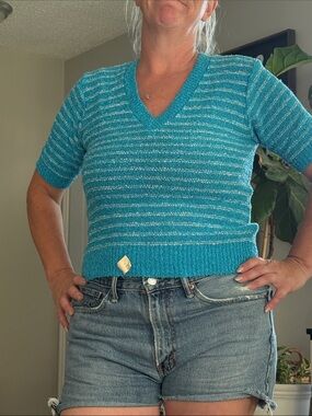 Vintage 1970s Teal The Bay Knitty Gritty V neck short sleeve sweater NWT small